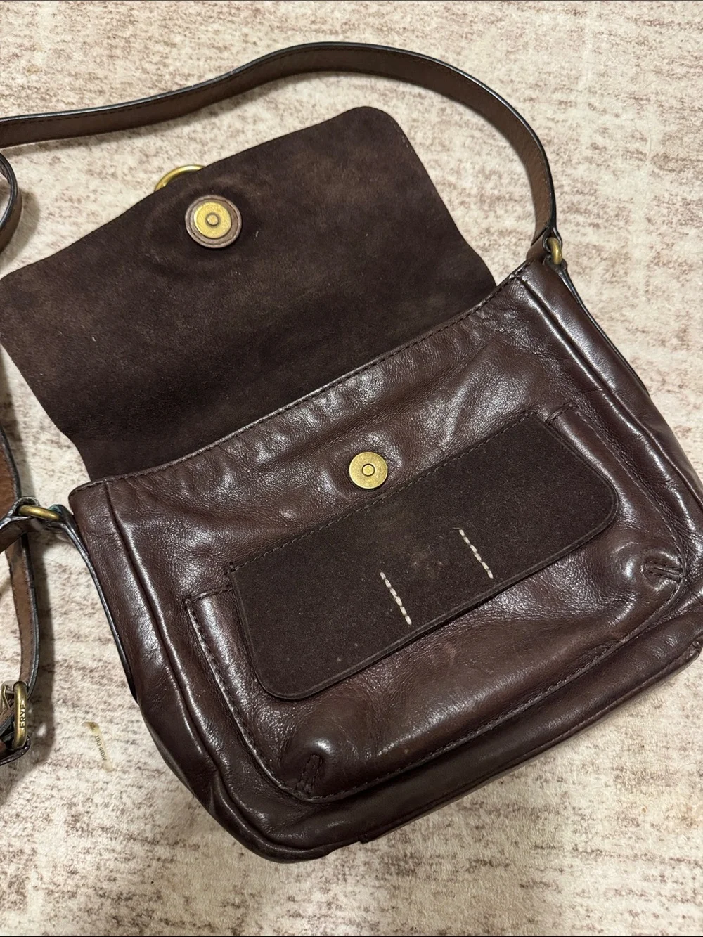 Frye Classic Brown Leather Crossbody Bag with Brass Ring Accent
